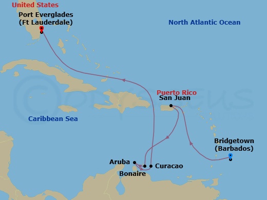 9 Night - Southern Caribbean with Abc Islands - Emerald Princess - Starting in Barbados, San Juan, Puerto Rico, Curacao, Aruba, Bonaire, Caribbean Netherlands, Fort Lauderdale, Florida itinerary map