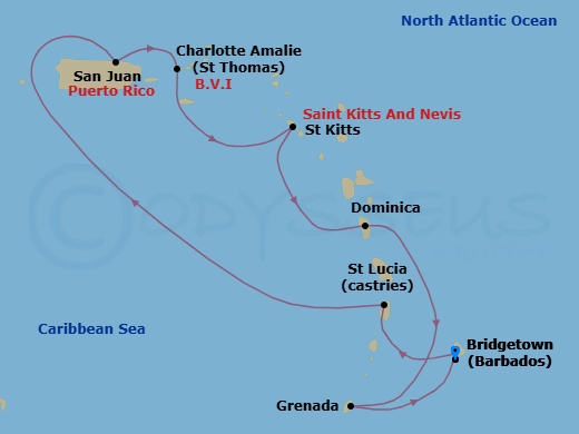 8 Night - Southern Caribbean with St. Lucia - Emerald Princess - Starting in Barbados, St Lucia, San Juan, Puerto Rico, St Thomas, US Virgin Islands, St Kitts, Dominica, Grenada, Barbados itinerary map