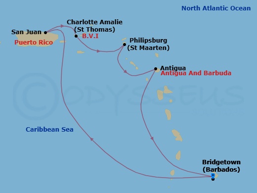 6 Night - Southern Caribbean with Puerto Rico - Emerald Princess - Starting in Barbados, San Juan, Puerto Rico, St Thomas, US Virgin Islands, St Maarten, Antigua, Barbados itinerary map