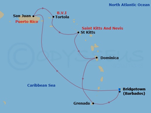 7 Night - Southern Caribbean with Tortola - Emerald Princess - Starting in Barbados, San Juan, Puerto Rico, Tortola, British Virgin Islands, St Kitts, Dominica, Grenada, Barbados itinerary map