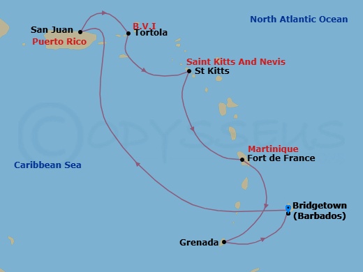 7 Night - Southern Caribbean with Tortola - Emerald Princess - Starting in Barbados, San Juan, Puerto Rico, Tortola, British Virgin Islands, St Kitts, Martinique, Grenada, Barbados itinerary map