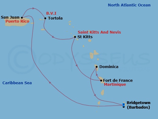 7 Night - Southern Caribbean with Tortola - Emerald Princess - Starting in Barbados, San Juan, Puerto Rico, Tortola, British Virgin Islands, St Kitts, Martinique, Dominica, Barbados itinerary map