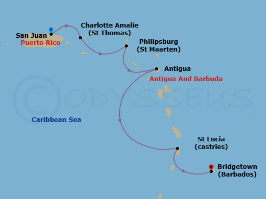 5 Night - Southern Caribbean with St. Lucia Holiday - Emerald Princess - Starting in San Juan, Puerto Rico, St Thomas, US Virgin Islands, St Maarten, Antigua, St Lucia, Barbados itinerary map