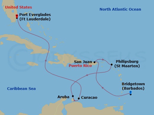 9 Night - Southern Caribbean with Aruba - Crown Princess - Starting in Barbados, San Juan, Puerto Rico, St Maarten, Aruba, Curacao, Fort Lauderdale, Florida itinerary map