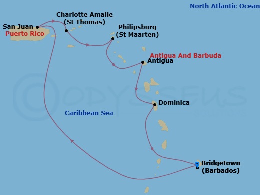 7 Night - Southern Caribbean with Puerto Rico - Crown Princess - Starting in Barbados, San Juan, Puerto Rico, St Thomas, US Virgin Islands, St Maarten, Antigua, Dominica, Barbados itinerary map