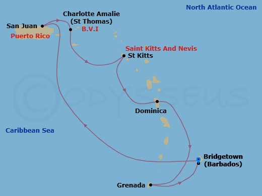 7 Night - Southern Caribbean with Puerto Rico - Crown Princess - Starting in Barbados, San Juan, Puerto Rico, St Thomas, US Virgin Islands, St Kitts, Dominica, Grenada, Barbados itinerary map