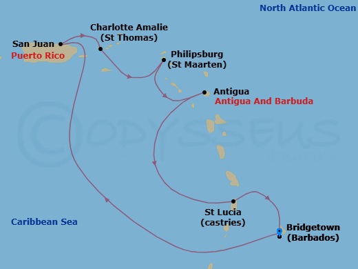 7 Night - Southern Caribbean with St. Lucia - Crown Princess - Starting in Barbados, San Juan, Puerto Rico, St Thomas, US Virgin Islands, St Maarten, Antigua, St Lucia, Barbados itinerary map