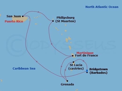 7 Night - Southern Caribbean with St. Lucia - Crown Princess - Starting in Barbados, San Juan, Puerto Rico, St Maarten, Martinique, Grenada, St Lucia, Barbados itinerary map