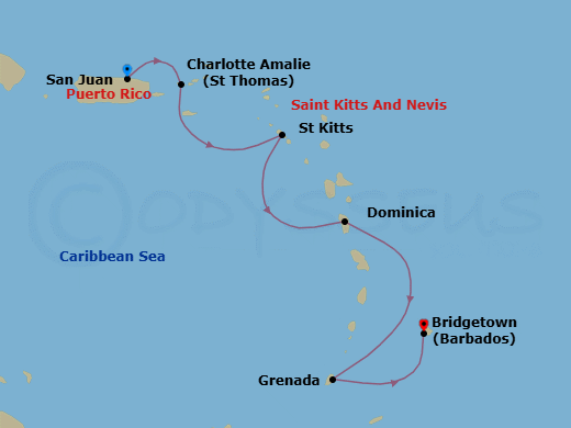 5 Night - Eastern Caribbean with St. Kitts - Crown Princess - Starting in San Juan, Puerto Rico, St Thomas, US Virgin Islands, St Kitts, Dominica, Grenada, Barbados itinerary map