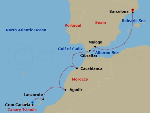 7 Night - Canary Islands, Morocco & Spain Cruise : Gran Canaria, Casablanca & Malaga - Azamara Onward - Starting in Gran Canaria, Canary Islands, Lanzarote, Canary Islands, Agadir, Casablanca, Gibraltar, Malaga, Barcelona itinerary map