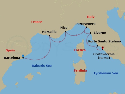 7 Night - Spain, France & Italy Cruise : Barcelona, Nice & Portovenere - Azamara Onward - Starting in Barcelona, Provence (Marseille), Nice, Porto Venere, Florence / Pisa (Livorno), Porto Santo Stefano, Rome (Civitavecchia) itinerary map
