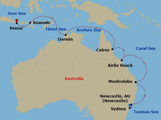 16 Night - Australia Intensive Cruise : Sydney, Cairns & Darwin - Azamara Onward - Starting in Sydney AU, Newcastle AU, Mooloolaba, Queensland, Airlie Beach, Queensland, Cairns, Darwin, Komodo Island, Benoa, Bali itinerary map