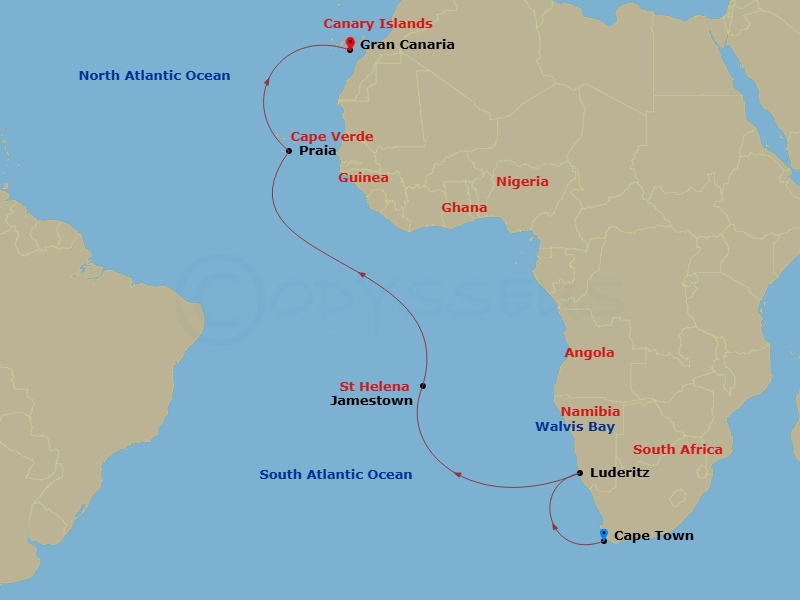 17 Night - South Africa, Namibia & St. Helena Cruise : Cape Town, Walvis Bay & Jamestown - Azamara Onward - Starting in Cape Town, Luderitz, Walvis Bay, Jamestown, Saint Helena Island, Praia, Gran Canaria, Canary Islands itinerary map