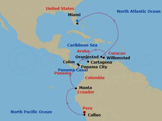 14 Night - Aruba, Colombia & Panama Cruise : Oranjestad, Cartagena & Panama City - Azamara Onward - Starting in Miami, Florida, Oranjestad, Willemstad AN, Cartagena CO, Colon, Panama Canal (Cruising), Panama City (Fuerte Amador), Manta, Callao (Lima) itinerary map