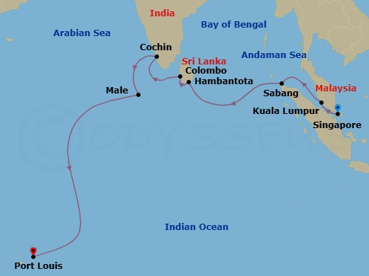 17 Night - Singapore, Sri Lanka & India Cruise : Singapore, Colombo & Cochin - Azamara Onward - Starting in Singapore, Kuala Lumpur, Sabang, Hambantota, Colombo, Cochin, Male, Port Louis itinerary map