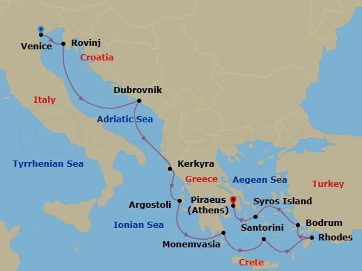 10 Night - Croatia, Greece & Turkey Cruise : Dubrovnik, Santorini & Bodrum - Azamara Onward - Starting in Venice, Rovinj (Istria), Dubrovnik, Croatia, Corfu, Argostoli, Monemvasia, Santorini, Rhodes, Bodrum, Syros, Athens (Piraeus) itinerary map