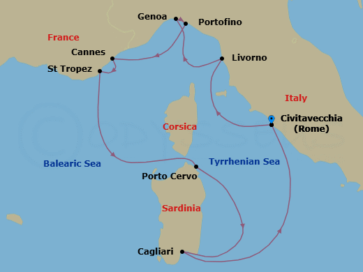 8 Night - A Journey Along Italy's Riviera & Sapphire Shores - EXPLORA I - Starting in Civitavecchia (Rome), Livorno (Florence), Genoa, Portofino, Cannes, Saint-Tropez, Porto Cervo (Sardinia), Sardinia / Cagliari, Civitavecchia (Rome) itinerary map