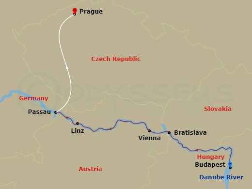 10 Night - Classical Danube and Prague Extension - MS Amadeus Star Tours - Starting in Budapest, Bratislava, Vienna, Linz, Passau, Prague itinerary map