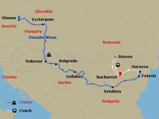 13 Night - Lower Danube and Transylvania Extension - MS Amadeus Nova Tours - Starting in Vienna, Esztergom, Vukovar, Belgrade, Golubac, Svishtov, Harsova, Fetesti, Bucharest, Brasov, Bucharest itinerary map
