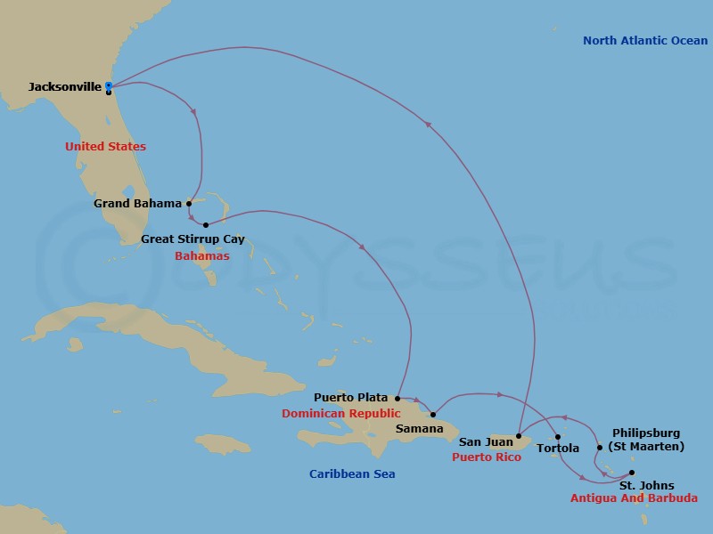 12 Night - Caribbean - Norwegian Dawn - Starting in Jacksonville, Florida, Great Stirrup Cay, Bahamas, Grand Bahama Island, Bahamas, Puerto Plata, Dominican Republic, Samana, Dominican Republic, Tortola, British Virgin Islands, St Johns AG, Antigua, Philipsburg, St Maarten, Netherland Antilles, San Juan, Pr, Jacksonville, Florida itinerary map