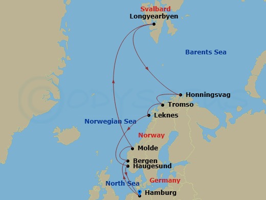 14 Night - Northern Europe - MSC Preziosa - Starting in Hamburg, Germany, Bergen, Norway, Molde, Norway, Longyearbyen (Spitsbergen), Svalbard, Honningsvag (North Cape), Norway, Tromso, Norway, Leknes, Norway, Haugesund, Norway, Hamburg, Germany itinerary map
