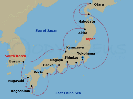 14 Night - Cherry Blossom Spring - Oceania Riviera - Starting in Tokyo (Yokohama), Hakodate (Hokkaido), Otaru (Sapporo), Akita, Kanazawa, Busan, Nagasaki, Kagoshima, Kochi, Osaka, Nagoya, Shimizu, Tokyo (Yokohama) itinerary map