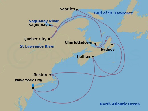 14 Night - New England and Canada - Queen Mary 2 - Starting in New York, NY, Boston, MA, Sydney NS, Canada, Charlottetown, PE, Canada, Quebec, QC, Canada, Saguenay, QC, Canada, Sept-Iles, QC, Canada, Halifax, NS, Canada, New York, NY itinerary map