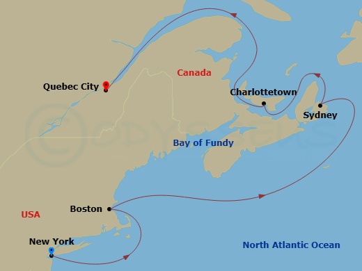 7 Night - New England and Canada - Queen Mary 2 - Starting in New York, NY, Boston, MA, Sydney NS, Canada, Charlottetown, PE, Canada, Quebec, QC, Canada itinerary map