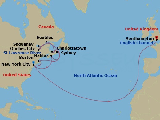 21 Night - Transatlantic Crossing, New England and Canada - Queen Mary 2 - Starting in New York, NY, Boston, MA, Sydney NS, Canada, Charlottetown, PE, Canada, Quebec, QC, Canada, Saguenay, QC, Canada, Sept-Iles, QC, Canada, Halifax, NS, Canada, New York, NY, Southampton, England, UK itinerary map