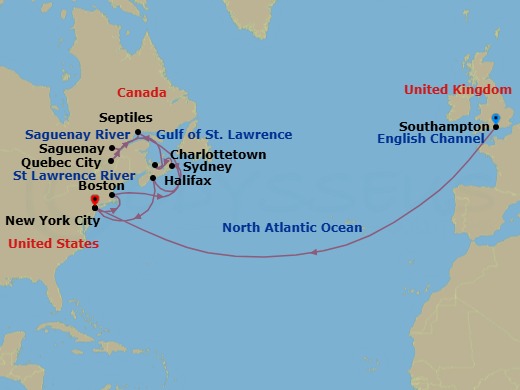 21 Night - Transatlantic Crossing, New England and Canada - Queen Mary 2 - Starting in Southampton, England, UK, New York, NY, Boston, MA, Sydney NS, Canada, Charlottetown, PE, Canada, Quebec, QC, Canada, Saguenay, QC, Canada, Sept-Iles, QC, Canada, Halifax, NS, Canada, New York, NY itinerary map