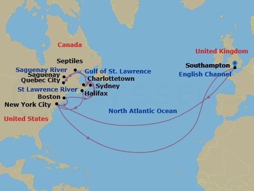 28 Night - Transatlantic Crossing, New England and Canada - Queen Mary 2 - Starting in Southampton, England, UK, New York, NY, Boston, MA, Sydney NS, Canada, Charlottetown, PE, Canada, Quebec, QC, Canada, Saguenay, QC, Canada, Sept-Iles, QC, Canada, Halifax, NS, Canada, New York, NY, Southampton, England, UK itinerary map