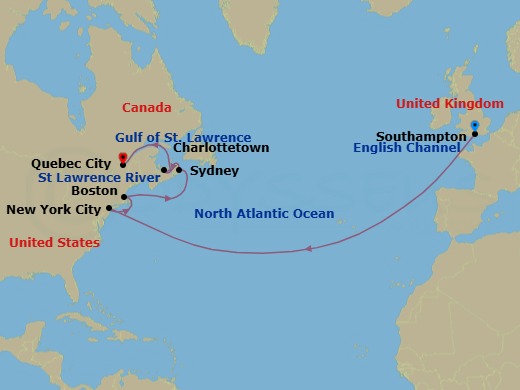 14 Night - Transatlantic Crossing, New England and Canada - Queen Mary 2 - Starting in Southampton, England, UK, New York, NY, Boston, MA, Sydney NS, Canada, Charlottetown, PE, Canada, Quebec, QC, Canada itinerary map