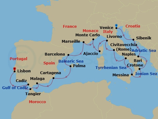 21 Night - Adriatic & Mediterranean Discovery - Viking Jupiter - Starting in Venice, Sibenik, Bari, Crotone, Sicily (Messina), Naples, Rome (Civitavecchia), Florence / Pisa (Livorno), Corsica (Ajaccio), Monte Carlo, Marseille, Barcelona, Palma De Mallorca, Murcia (Cartagena ES, Spain), Granada (Malaga), Tangier, Seville (Cadiz), Lisbon itinerary map