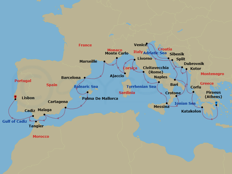 28 Night - Mediterranean Explorer - Viking Jupiter - Starting in Athens (Piraeus), Katakolon (Olympia), Corfu (Kerkyra), Kotor, Dubrovnik, Croatia, Split, Venice, Sibenik, Bari, Crotone, Sicily (Messina), Naples, Rome (Civitavecchia), Florence / Pisa (Livorno), Corsica (Ajaccio), Monte Carlo, Marseille, Barcelona, Palma De Mallorca, Murcia (Cartagena ES, Spain), Granada (Malaga), Tangier, Seville (Cadiz), Lisbon itinerary map