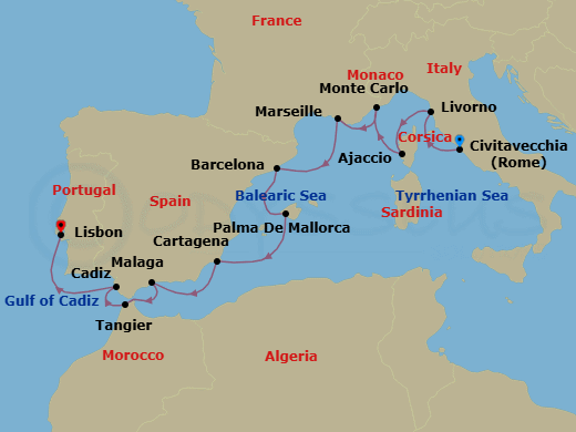 14 Night - Spain, Portugal & the Mediterranean - Viking Jupiter - Starting in Rome (Civitavecchia), Florence / Pisa (Livorno), Corsica (Ajaccio), Monte Carlo, Marseille, Barcelona, Palma De Mallorca, Murcia (Cartagena ES, Spain), Granada (Malaga), Tangier, Seville (Cadiz), Lisbon itinerary map