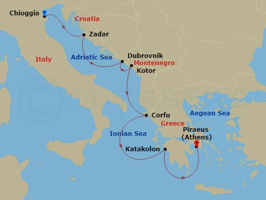 7 Night - Venice, the Adriatic & Greece - Viking Sky - Starting in Venice (Chioggia), Zadar, Dubrovnik, Croatia, Kotor, Corfu (Kerkyra), Katakolon (Olympia), Athens (Piraeus) itinerary map