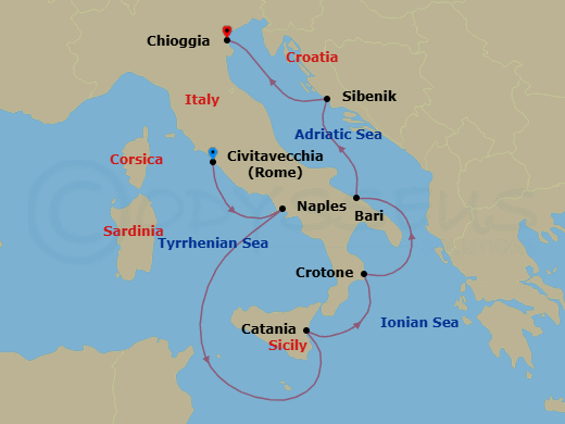 7 Night - Italian Sojourn - Viking Sky - Starting in Rome (Civitavecchia), Naples, Sicily (Catania), Crotone, Bari, Sibenik, Venice (Chioggia) itinerary map