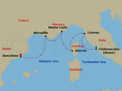 7 Night - Iconic Western Mediterranean - Viking Jupiter - Starting in Rome (Civitavecchia), Florence / Pisa (Livorno), Corsica (Ajaccio), Monte Carlo, Marseille, Barcelona itinerary map