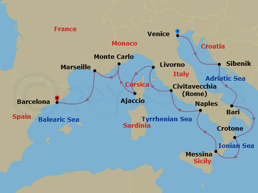 14 Night - Mediterranean & Italian Sojourn - Viking Jupiter - Starting in Venice, Sibenik, Bari, Crotone, Sicily (Messina), Naples, Rome (Civitavecchia), Florence / Pisa (Livorno), Corsica (Ajaccio), Monte Carlo, Marseille, Barcelona itinerary map
