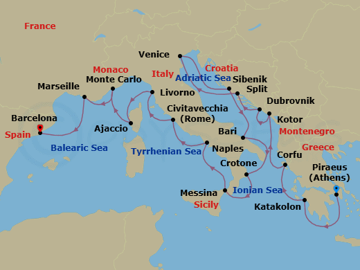 21 Night - Mediterranean & Adriatic Sojourn - Viking Jupiter - Starting in Athens (Piraeus), Katakolon (Olympia), Corfu (Kerkyra), Kotor, Dubrovnik, Croatia, Split, Venice, Sibenik, Bari, Crotone, Sicily (Messina), Naples, Rome (Civitavecchia), Florence / Pisa (Livorno), Corsica (Ajaccio), Monte Carlo, Marseille, Barcelona itinerary map