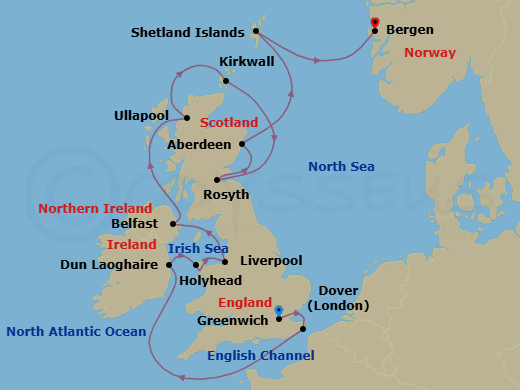 14 Night - British Isles Explorer - Viking Jupiter - Starting in London (Greenwich), Dover UK, Scenic Sailing English Channel, Dublin (Dun Laoghaire), Holyhead, Liverpool, Belfast, The Highlands (Ullapool), Orkney Islands (Kirkwall), Rosyth (Edinburgh), Aberdeen, Shetland Islands (Lerwick), Bergen itinerary map