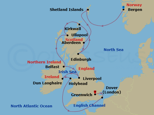 14 Night - British Isles Explorer - Viking Jupiter - Starting in Bergen, Shetland Islands (Lerwick), Aberdeen, Edinburgh (Newhaven Harbour), Orkney Islands (Kirkwall), The Highlands (Ullapool), Belfast (Bangor UK), Northern Ireland, Liverpool, Dublin (Dun Laoghaire), Holyhead, Scenic Sailing English Channel, Dover UK, London (Greenwich) itinerary map