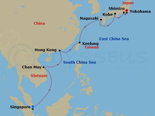 14 Night - Singapore to Tokyo Cruise - Ovation Of The Seas - Starting in Singapore, Hue / Danang (Chan May), Vietnam, Hong Kong, China, Taipei (Keelung), Taiwan, China, Nagasaki, Japan, Kobe, Japan, Mount Fuji (Shimizu), Japan, Tokyo (Yokohama), Japan itinerary map