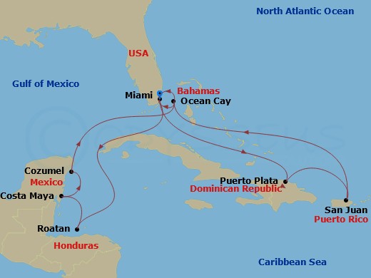 14 Night - Caribbean and Antilles - MSC World America - Starting in Miami, Florida, Roatan Island, Honduras, Costa Maya, Mexico, Cozumel, Mexico, Ocean Cay Msc Marine Reserve, Bahamas, Miami, Florida, Puerto Plata, Dominican Republic, San Juan, Puerto Rico, Ocean Cay Msc Marine Reserve, Bahamas, Miami, Florida itinerary map