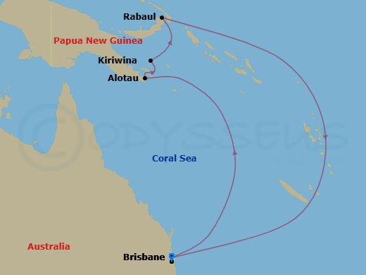 10 Night - Journeys - Papua New Guinea - Carnival Encounter - Starting in Brisbane, Australia, Alotau, Papua New Guinea, Kiriwina Island, Rabaul, Papua New Guinea, Brisbane, Australia itinerary map