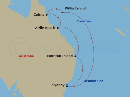9 Night - Great Barrier Reef - Carnival Adventure - Starting in Sydney AU, Moreton Island, Australia, Airlie Beach, Australia, Cairns, Australia, Willis Island, Sydney AU itinerary map