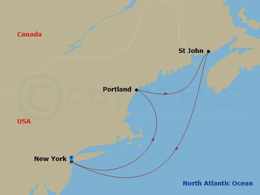 5 Night - Canada / New England - Carnival Firenze - Starting in Manhattan, New York City, Portland ME, Saint John NB, Manhattan, New York City itinerary map