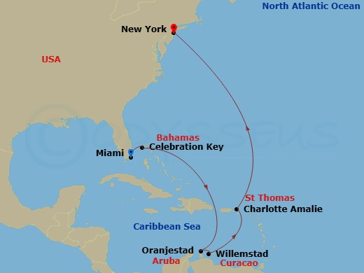 11 Night - Journeys - Southern Caribbean - Carnival Firenze - Starting in Miami, Fl, Celebration Key, the Bahamas, Aruba, Curacao, St Thomas, US Virgin Islands, Manhattan, New York City itinerary map