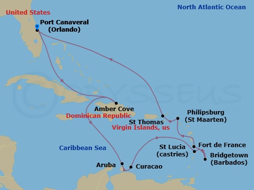 14 Night - Journeys - Southern Caribbean - Carnival Firenze - Starting in Port Canaveral (Orlando), Fl, Amber Cove, Dominican Republic, Aruba, Curacao, St Lucia, Barbados, Martinique, St Maarten, St Thomas, US Virgin Islands, Port Canaveral (Orlando), Fl itinerary map