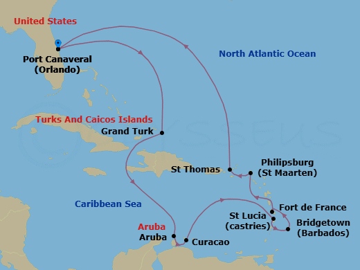 14 Night - Journeys - Southern Caribbean - Carnival Firenze - Starting in Port Canaveral (Orlando), Fl, Grand Turk, Aruba, Curacao, St Lucia, Barbados, Martinique, St Maarten, St Thomas, US Virgin Islands, Port Canaveral (Orlando), Fl itinerary map